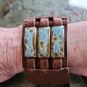 Brown Leather Cuff Bracelet withTurqouise Ceramic Accents